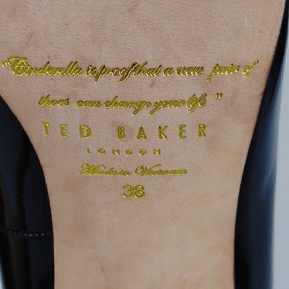TED BAKER Black Patent Leather Stiletto High Heel Pumps Gold Logo Hardware - Picture 9 of 12